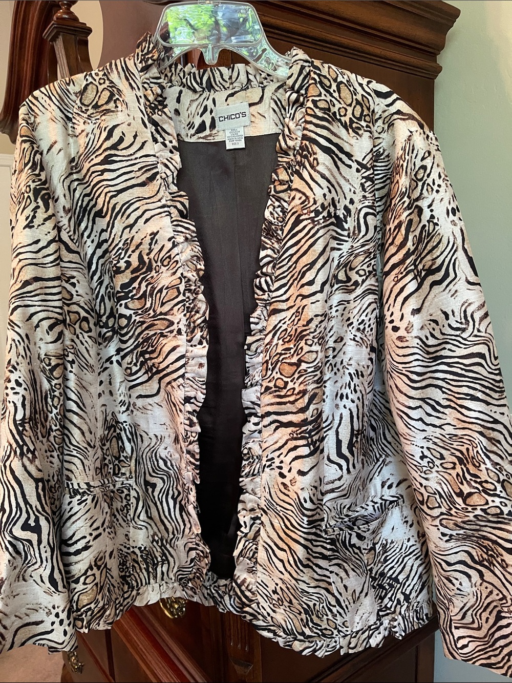 Chico's Black & Cream Animal Print Ruffle-Trim Open Jacket